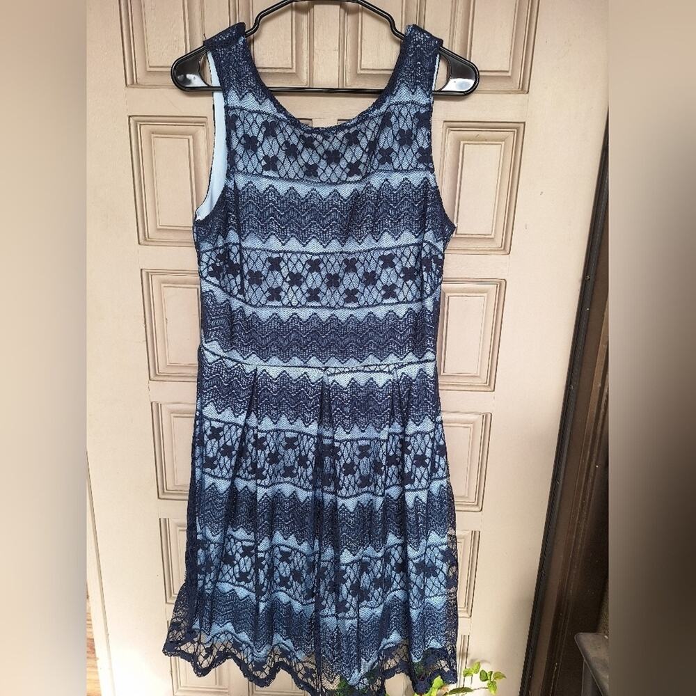 Blue Dress Lace Overlay PlusSz14 Zip Back Sleeveless Scoop Neck Drop  Waist